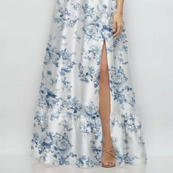 Alfred Sung Cottage Rose Floral Strapless Bustier Satin Gown 3152FP - Picture 2 of 6